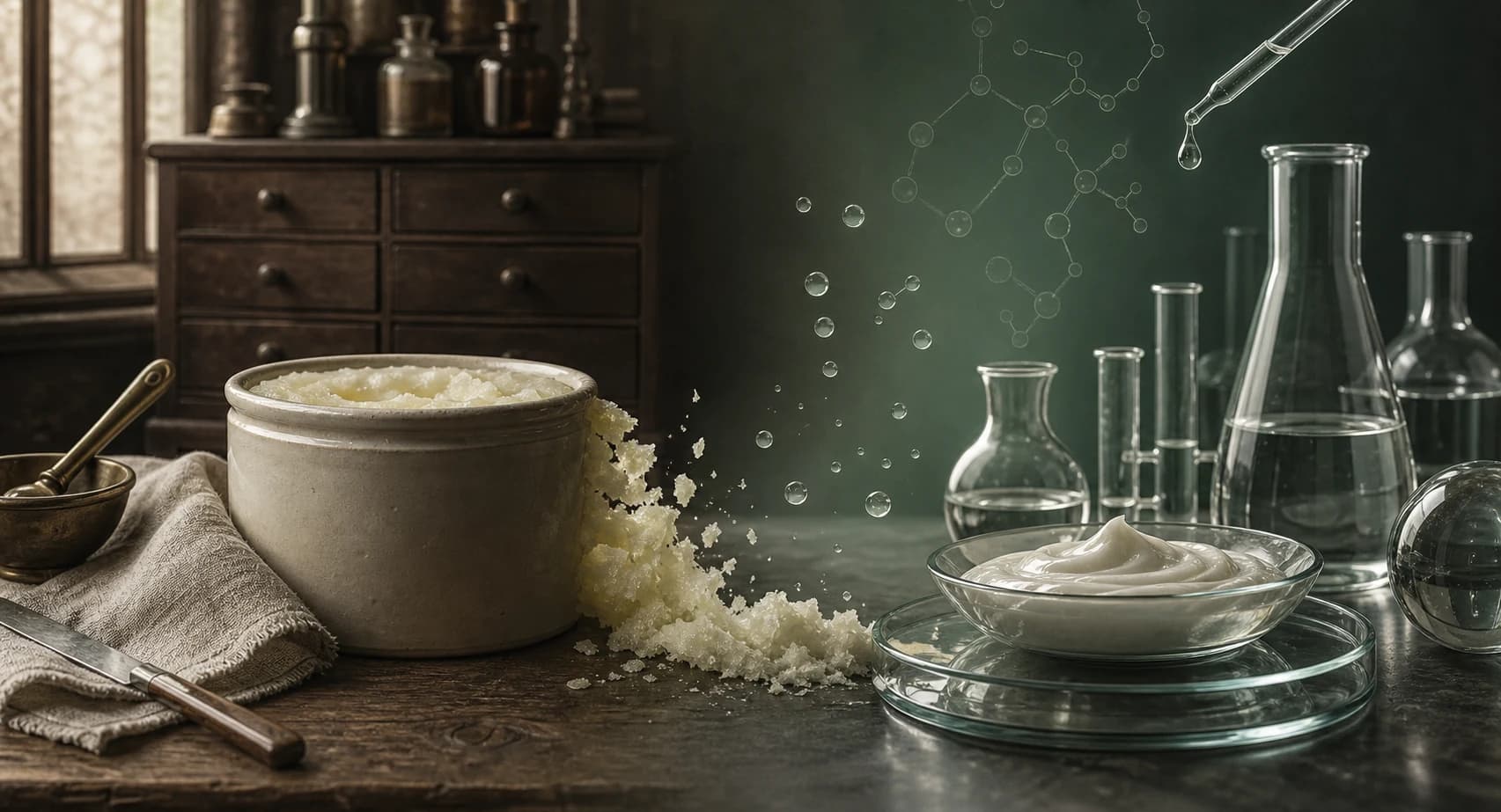 Editorial transition from an old apothecary crock of rendered tallow to a modern cosmetic laboratory moisturizer