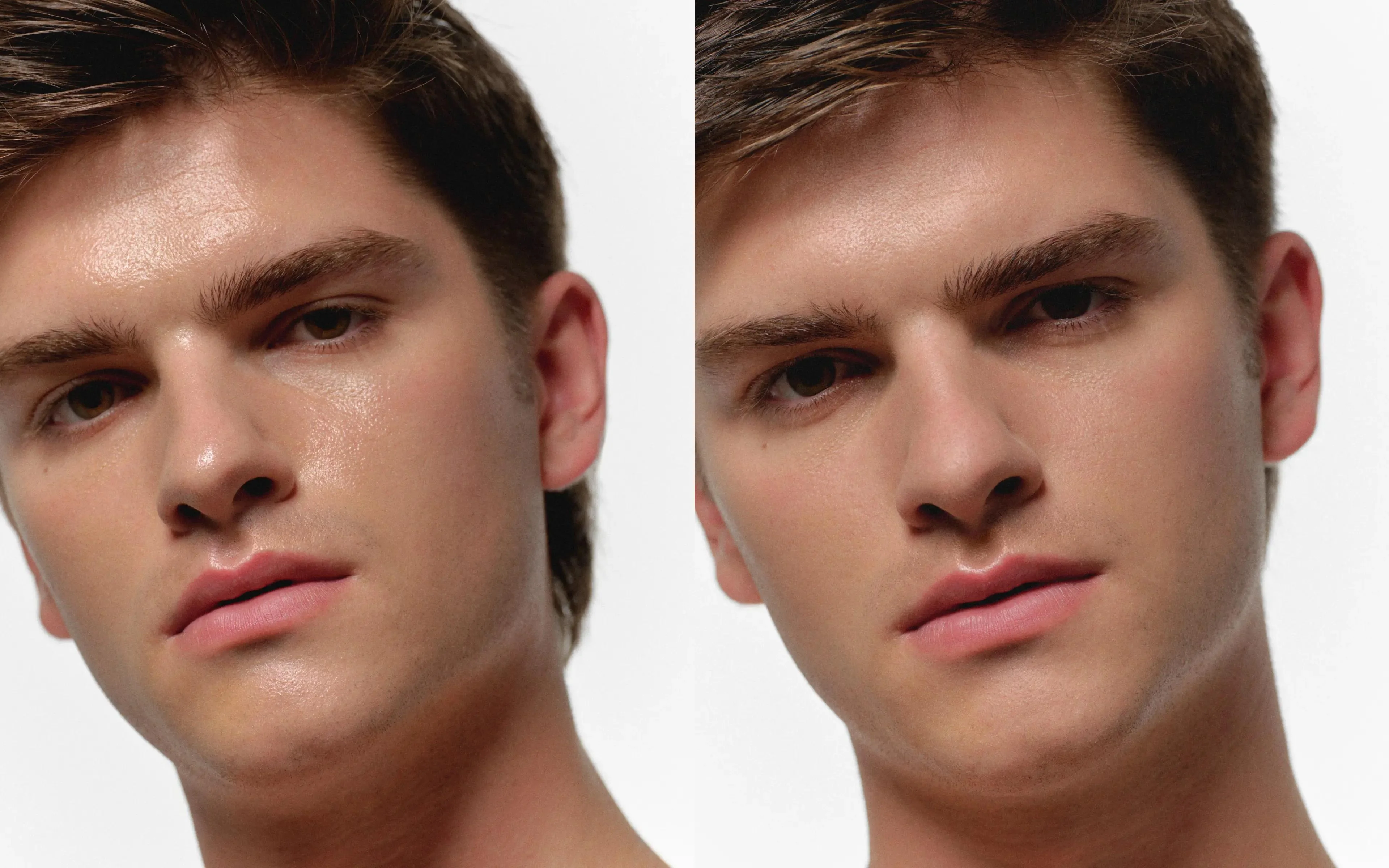 Before and after comparison showing stripped, oily skin looking clean and balanced